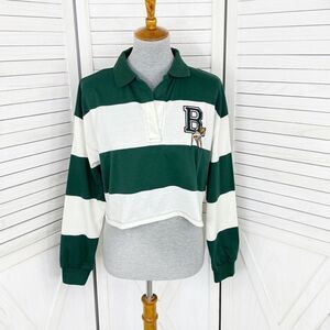 Disney Bambi Rugby Stripe Cropped Polo Shirt Green White Small Long Sleeve